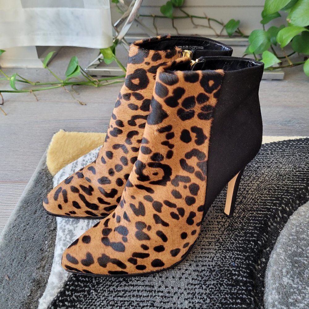 NWOT Club Monaco Calf Hair Leopard Print Suede Autumn Booties Stiletto Heels